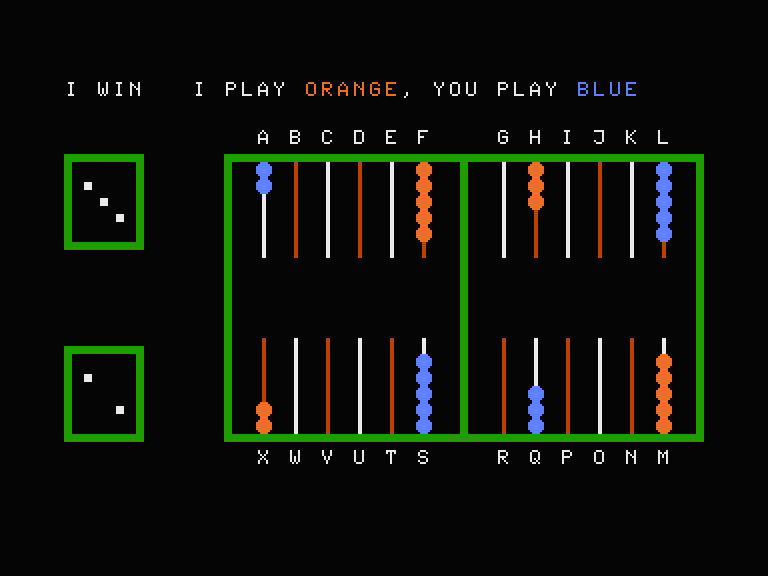 Backgammon (Colour Genie) screenshot: During gameplay.