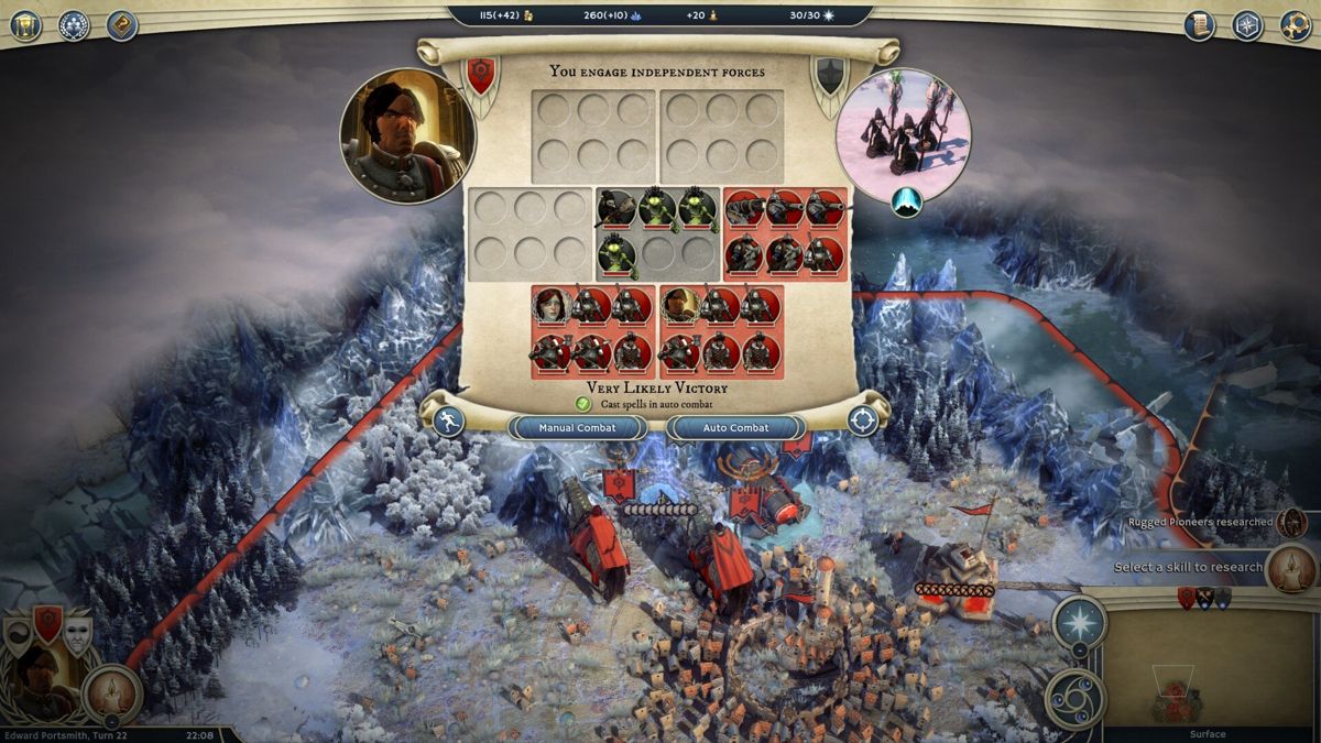 Age of Wonders III (Windows) screenshot: Pre-combat options and outcome prediction.
