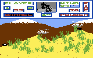 Artillery Duel (Commodore 64) screenshot: There is a wide variety of terrain