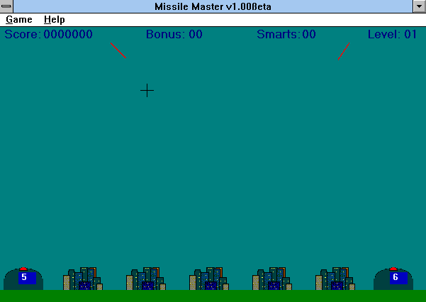 Nisus Missile Master (Windows 16-bit) screenshot: The first missiles appear