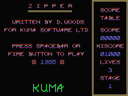 Zipper (MSX) screenshot: Title Screen with Copyright and Credits.