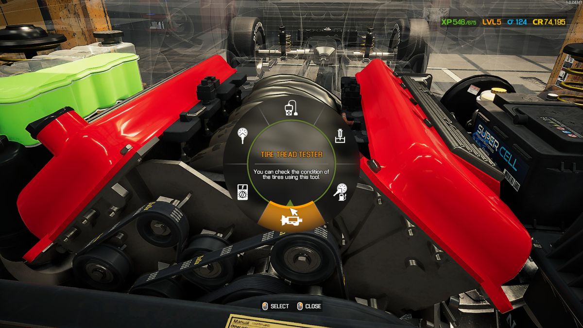Car Mechanic Simulator 2021 (Windows) screenshot: Selection wheel on an engine.
