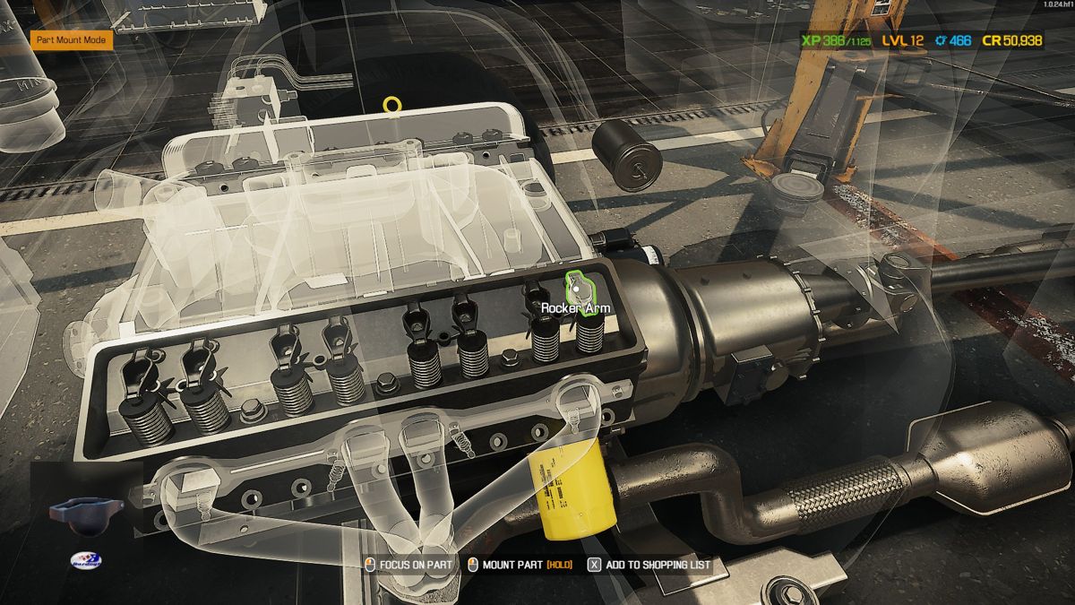 Car Mechanic Simulator 2021 (Windows) screenshot: Certain modes help finding which parts have been removed or highlighting what needs changing.