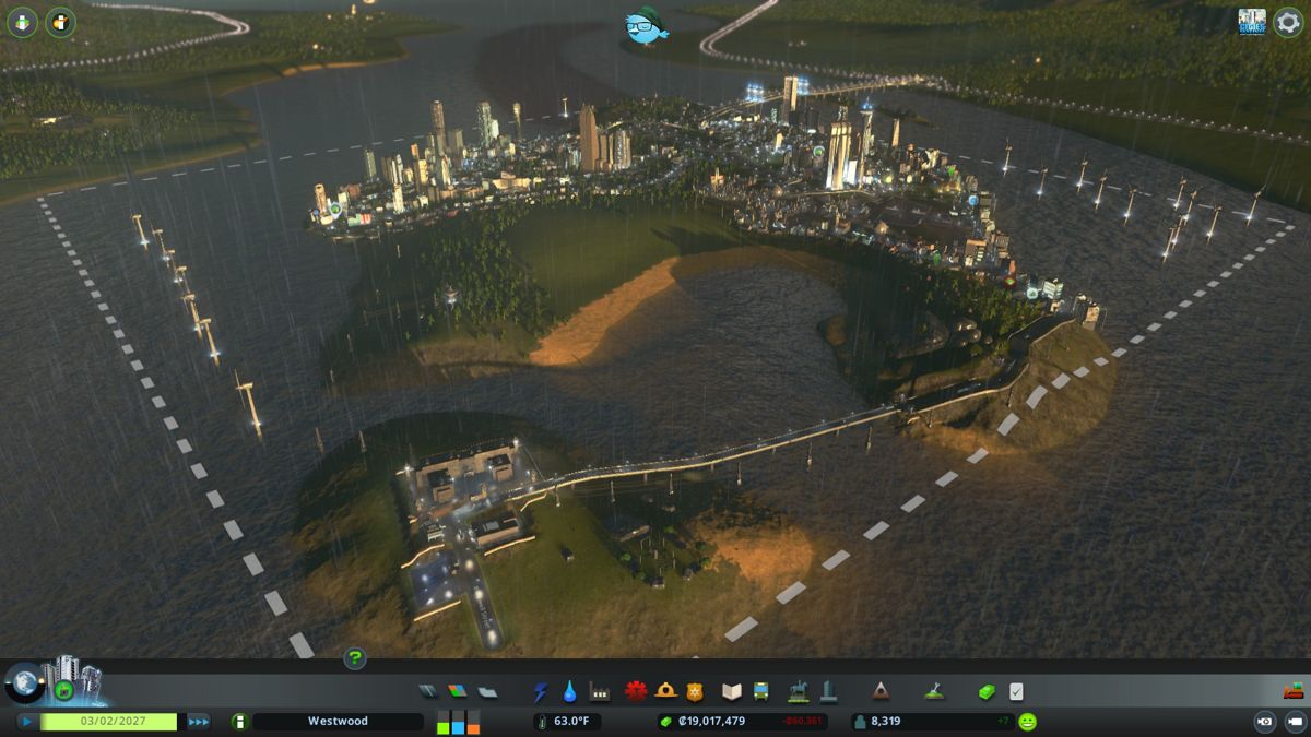 Cities: Skylines (Windows) screenshot: Another view but with Alcatraz II in the foreground.