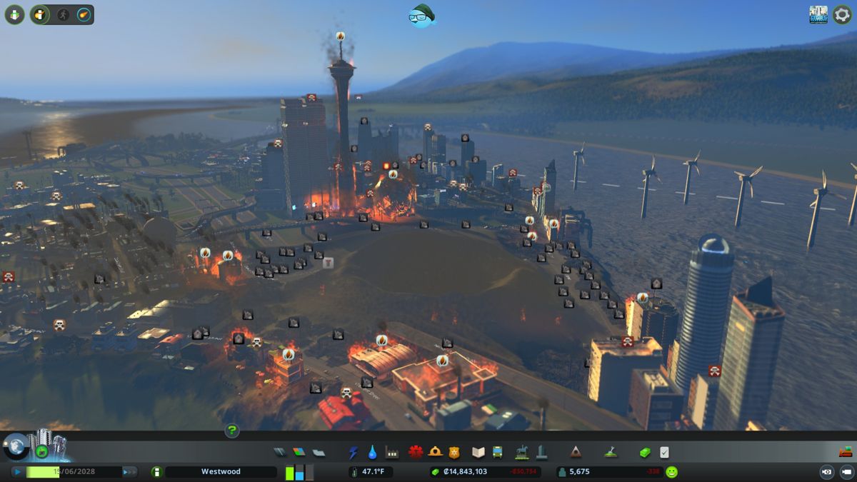 Cities: Skylines (Windows) screenshot: Watch out! Industrial smog and fires can spoil property value and real estate investments.