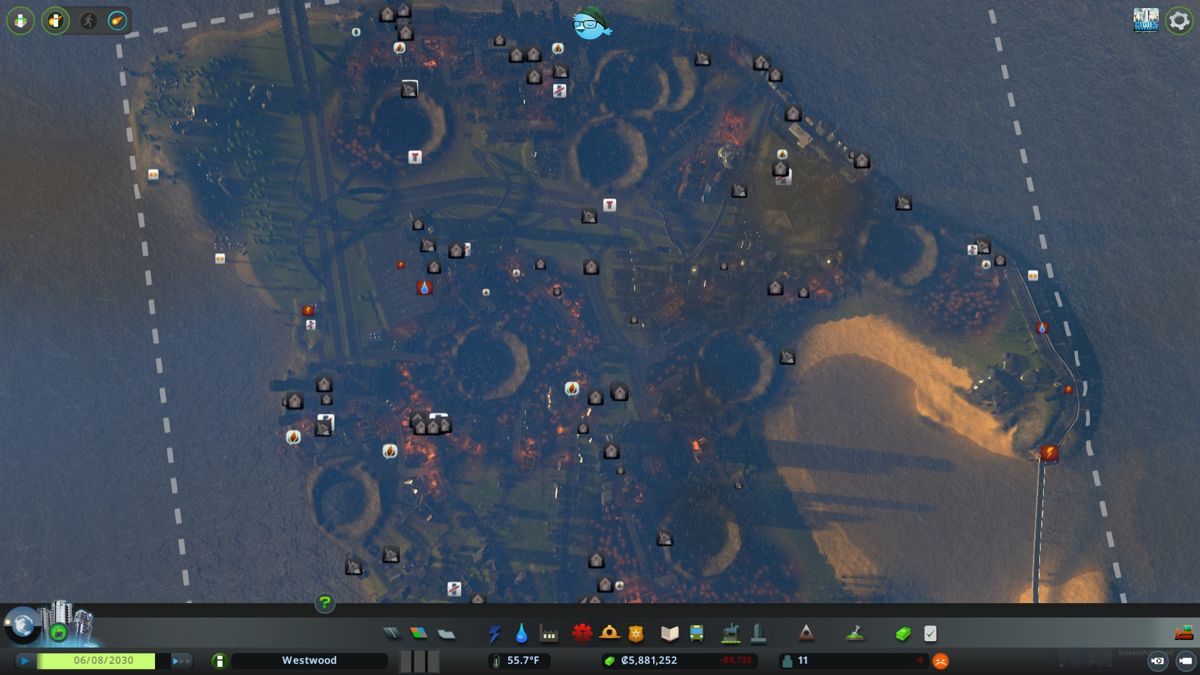 Cities: Skylines (Windows) screenshot: But an all-out meteor shower can really wipe you out...