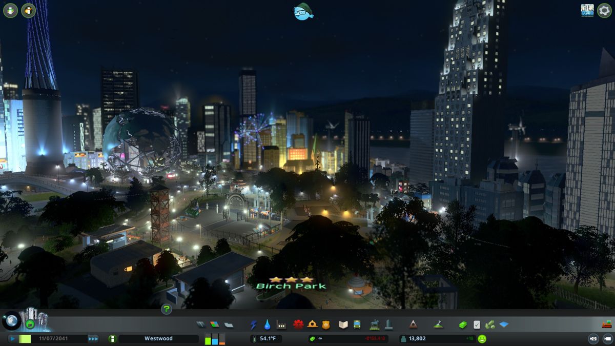 Cities: Skylines (Windows) screenshot: Firework show at the city-center park.