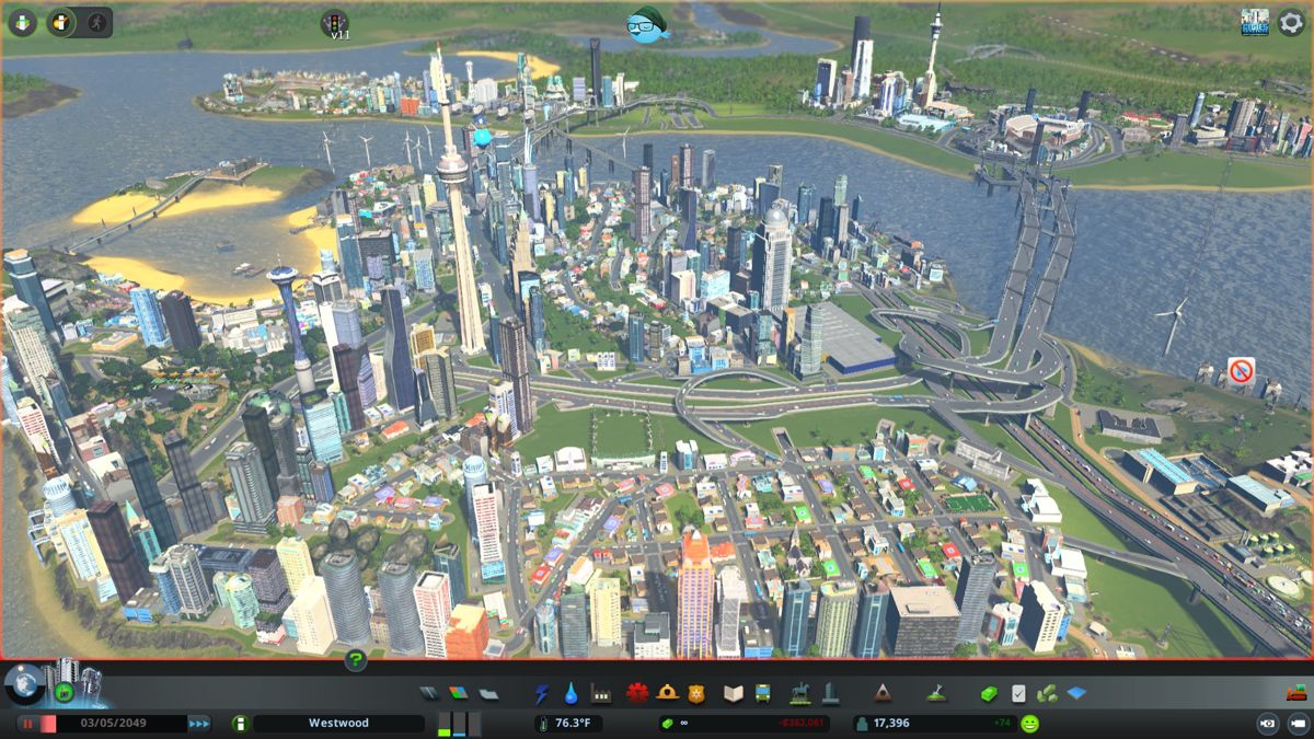Cities: Skylines (Windows) screenshot: This city is thriving! Big expansion over its modest start.