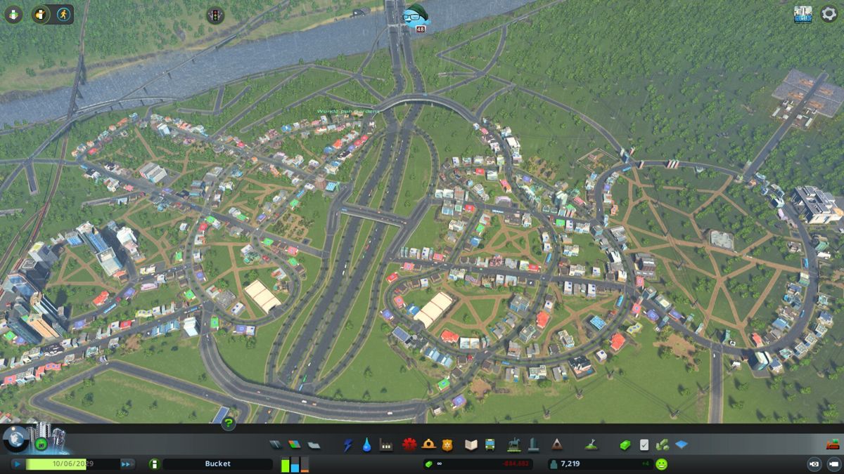Cities: Skylines (Windows) screenshot: The rains have just begun in future New Atlantis, but the townsfolk g don't know...