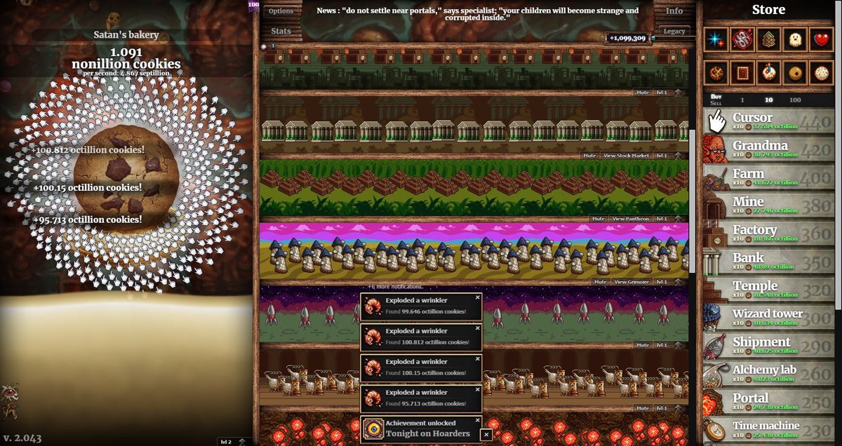 Cookie Clicker (Windows) screenshot: Grandma has been angered and now I'm popping worms...