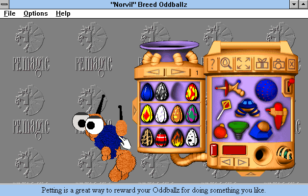 Oddballz: Your Wacky Computer Petz (Windows 3.x) screenshot: Playing with one of the Oddballz