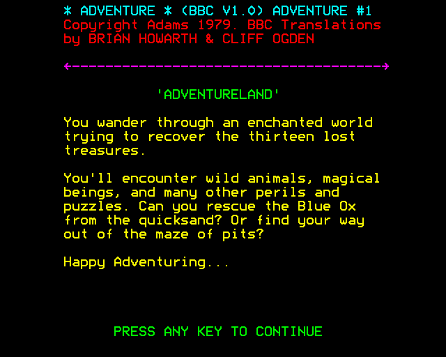 Adventureland (BBC Micro) screenshot: Instructions