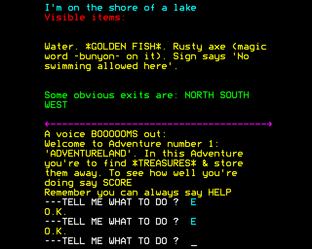 Adventureland (BBC Micro) screenshot: On the Shores of a Lake