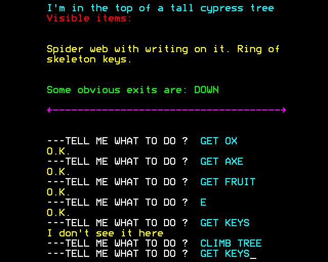 Adventureland (BBC Micro) screenshot: Keys up in a Tree