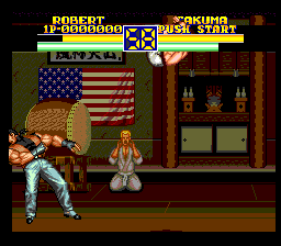 Art of Fighting 2 (SNES) screenshot: That was a heavy blow, and another one will follow from the air