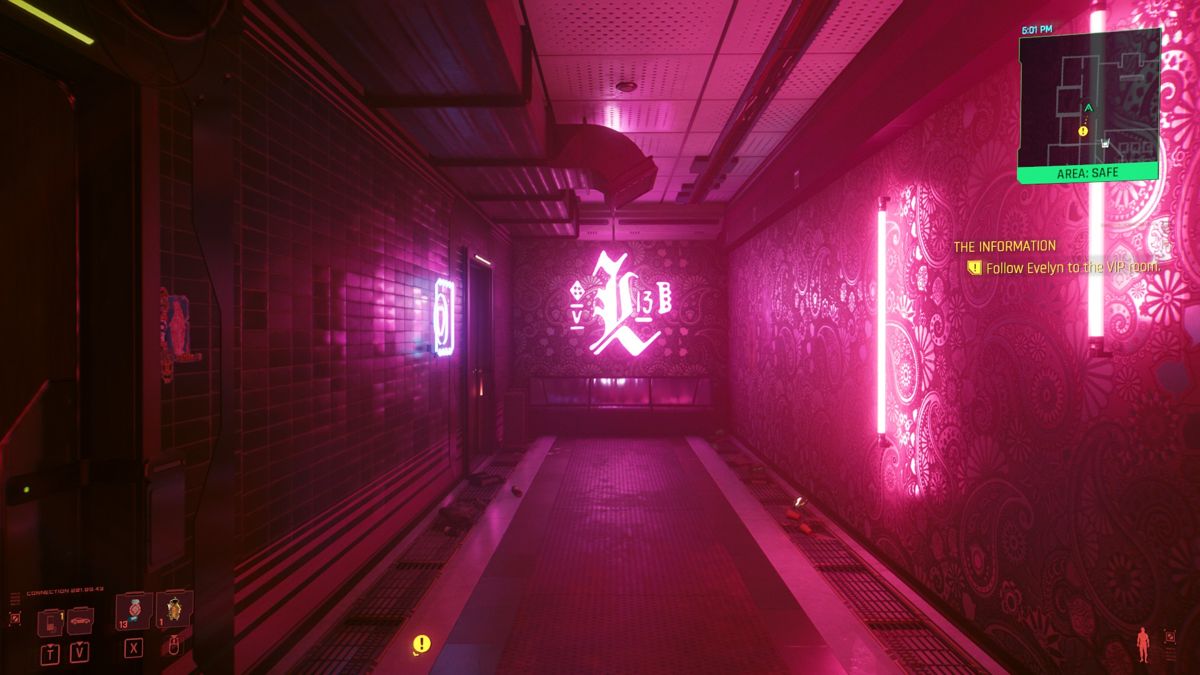 Cyberpunk 2077 (Windows) screenshot: Pink illuminated hallway.