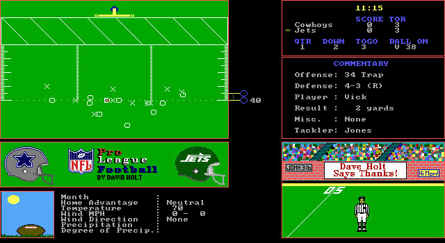 NFL Pro League Football (DOS) screenshot: Near the end zone... (EGA graphics mode)