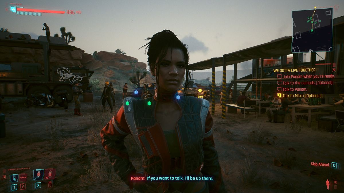 Cyberpunk 2077 (Windows) screenshot: The wilderness around the city has a lot of interesting places and characters. Panam is one of them.