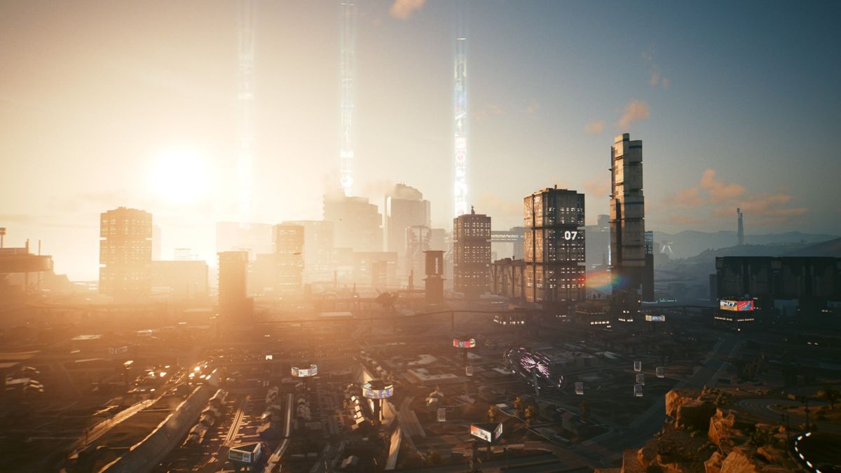 Cyberpunk 2077 (Windows) screenshot: Sun rising over Night City.