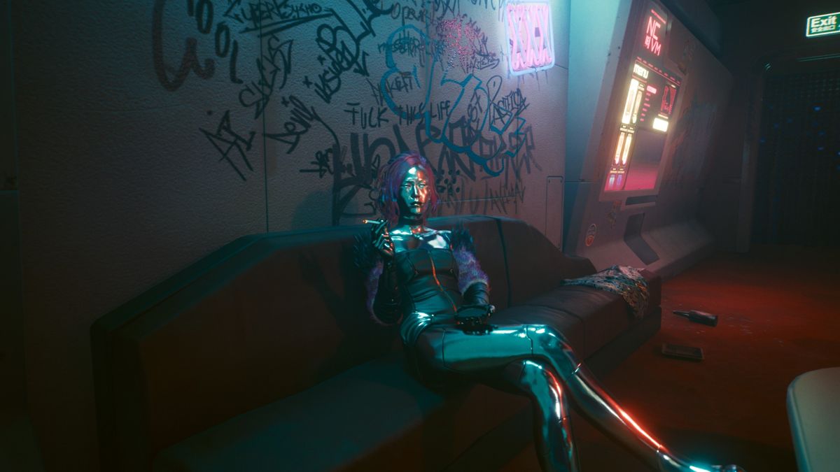 Cyberpunk 2077 (Windows) screenshot: Even robots can be celebrities in the future!
