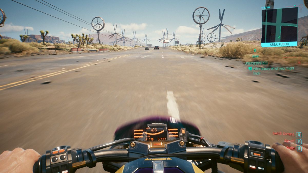 Cyberpunk 2077 (Windows) screenshot: In the Badlands, you can really hit the gas hard.