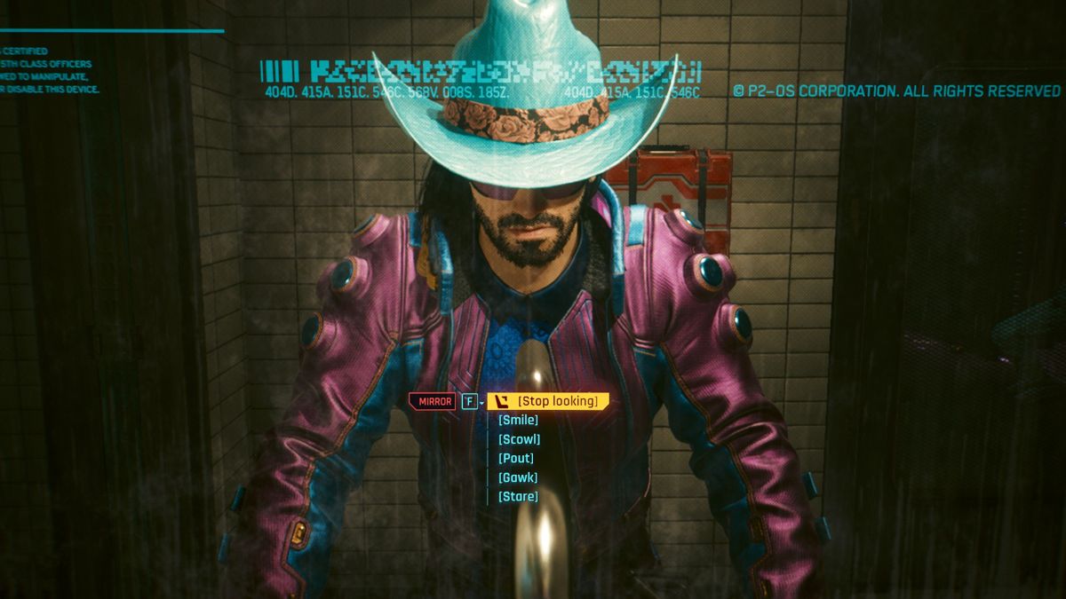Cyberpunk 2077 (Windows) screenshot: You get to check yourself out in the mirror a whole lot.