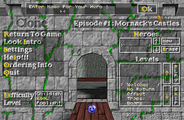 Clone (DOS) screenshot: Setup and level selection - episode 1.