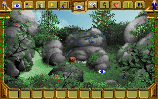 Armaëth: The Lost Kingdom (DOS) screenshot: Bears and heroes never mix. Especially since this one just finished dinner and is looking for seconds...