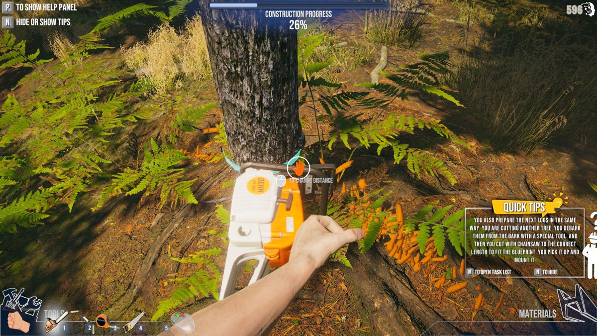 House Builder (Windows) screenshot: Cutting down trees with a chainsaw.