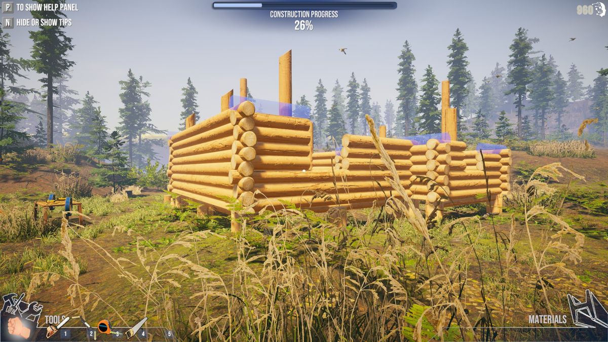 House Builder (Windows) screenshot: Log cabin in progress.