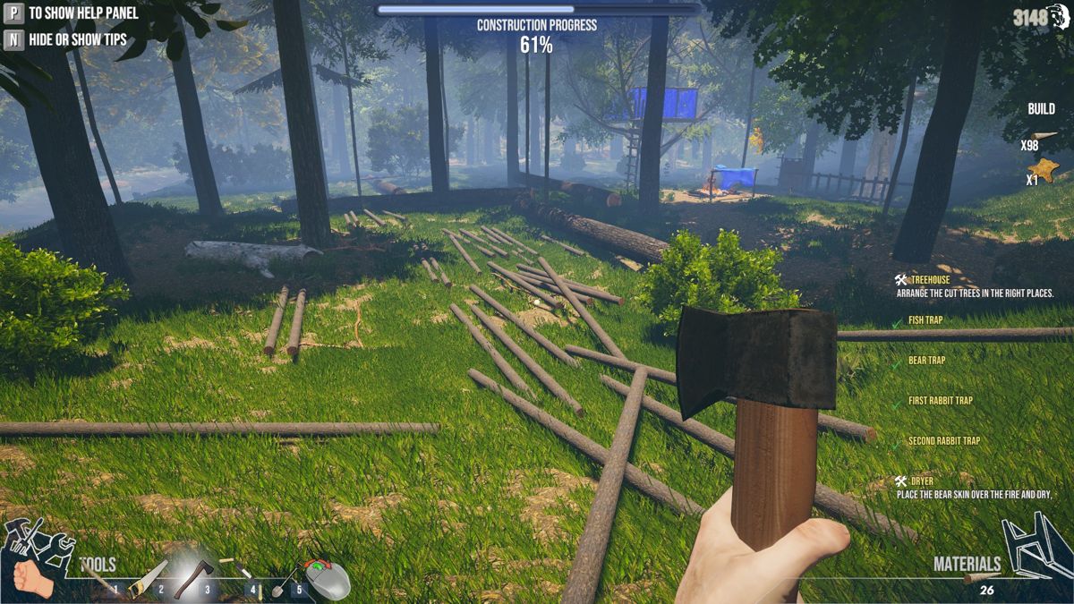 House Builder (Windows) screenshot: Finally get to chop down some trees with an axe.