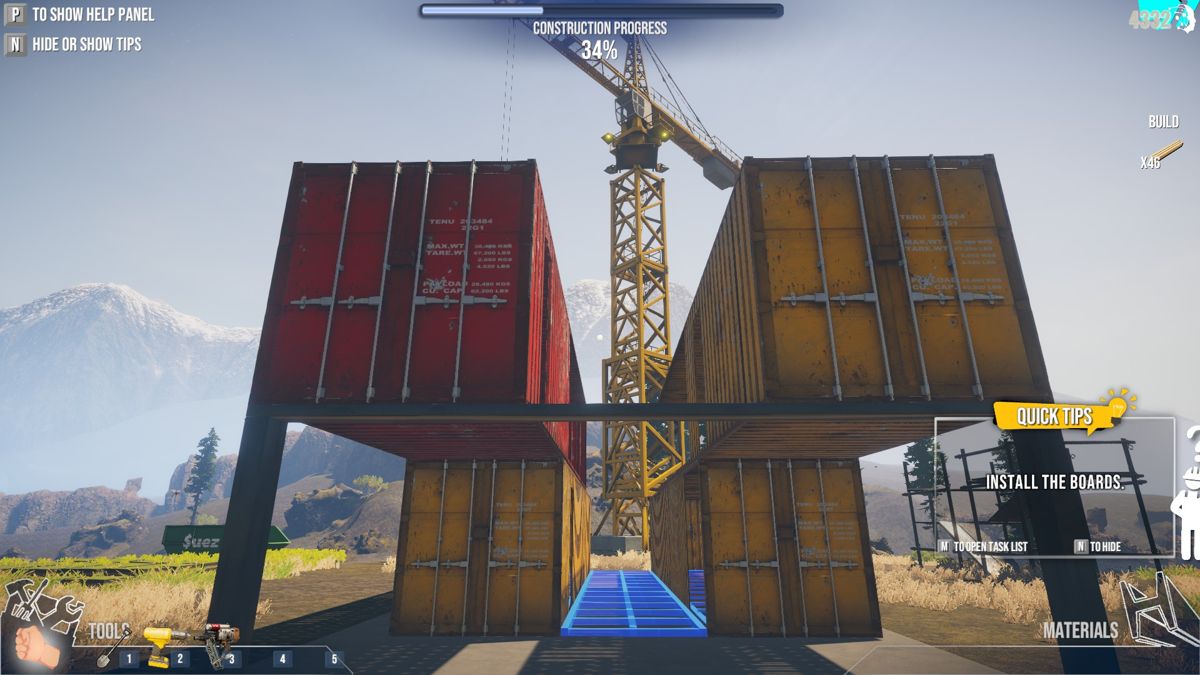 House Builder (Windows) screenshot: Building a container home includes driving a crane!