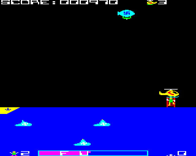 Copter Capers (BBC Micro) screenshot: Picking up a Survivor while an Airship Flies Past