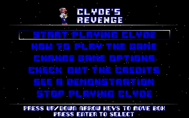Clyde's Revenge (DOS) screenshot: Menu Screen