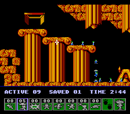 Lemmings (NES) screenshot: A task for the floaters, so it seems