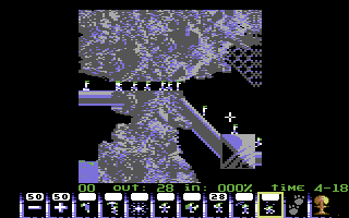 Lemmings (Commodore 64) screenshot: Lemmings bashing their way through some rock