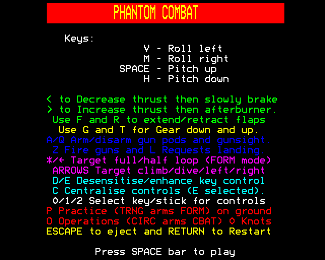 Phantom: Combat Flight Simulation (BBC Micro) screenshot: Instructions