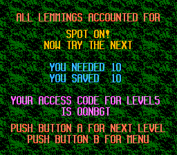 Lemmings (NES) screenshot: Completed a level