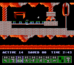 Lemmings (NES) screenshot: Once the countdown reaches zero, the poor lemming will explode