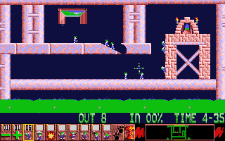 Lemmings (Atari ST) screenshot: Bash and climb your way to safety