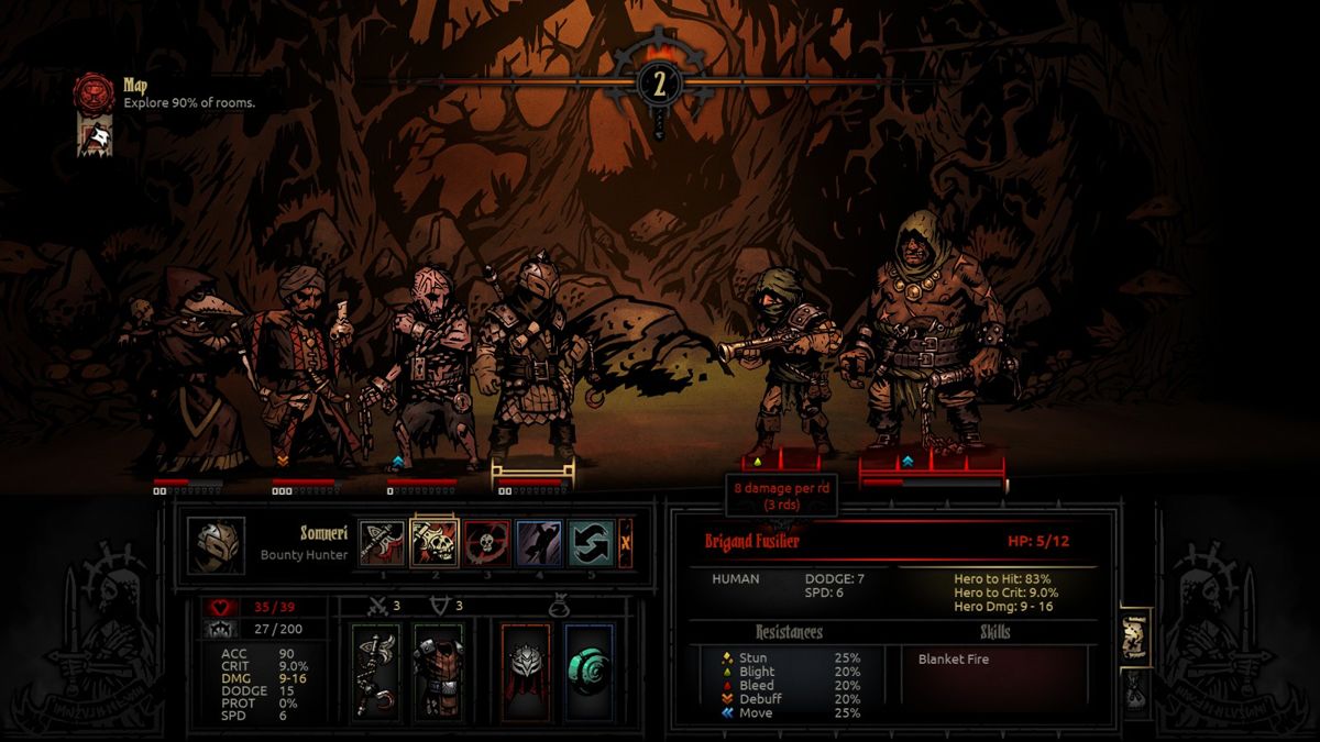 Darkest Dungeon (Windows) screenshot: Blight is very much the poison of Darkest Dungeon. Unlike in many other games that make poison a minor nuisance, in DD it can be a game changer.