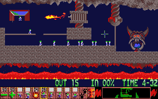 Lemmings (Atari ST) screenshot: A firey level