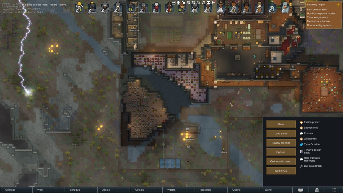 RimWorld (Windows) screenshot: Lightning storms can cause multiple fires rather quickly. This is a moderately developed base. Mid-game.
