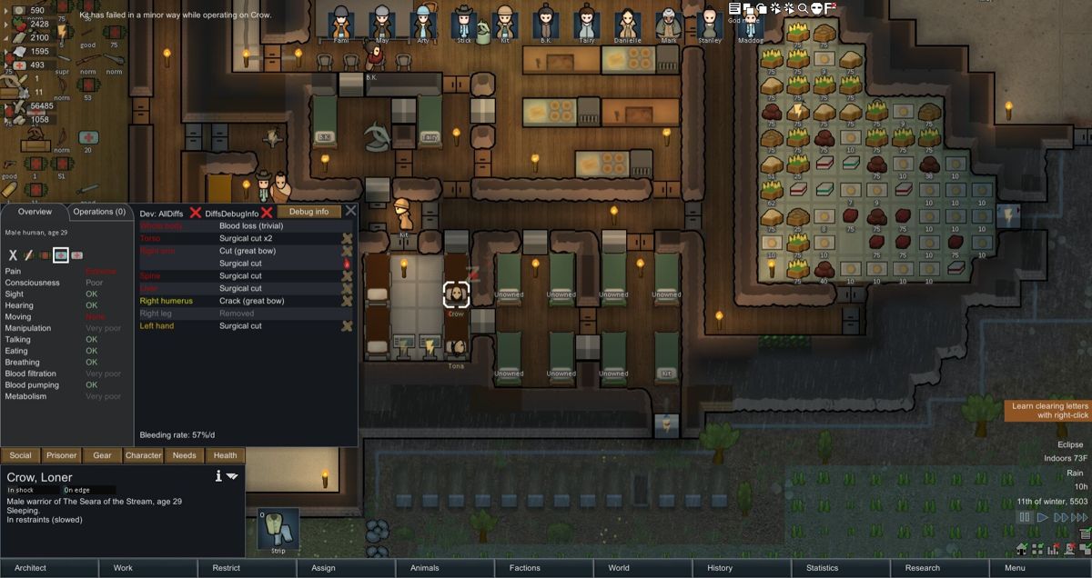 RimWorld (Windows) screenshot: Your team can fall ill or get injured. Also, prisoners you capture are very likely to be injured. Be prepared!