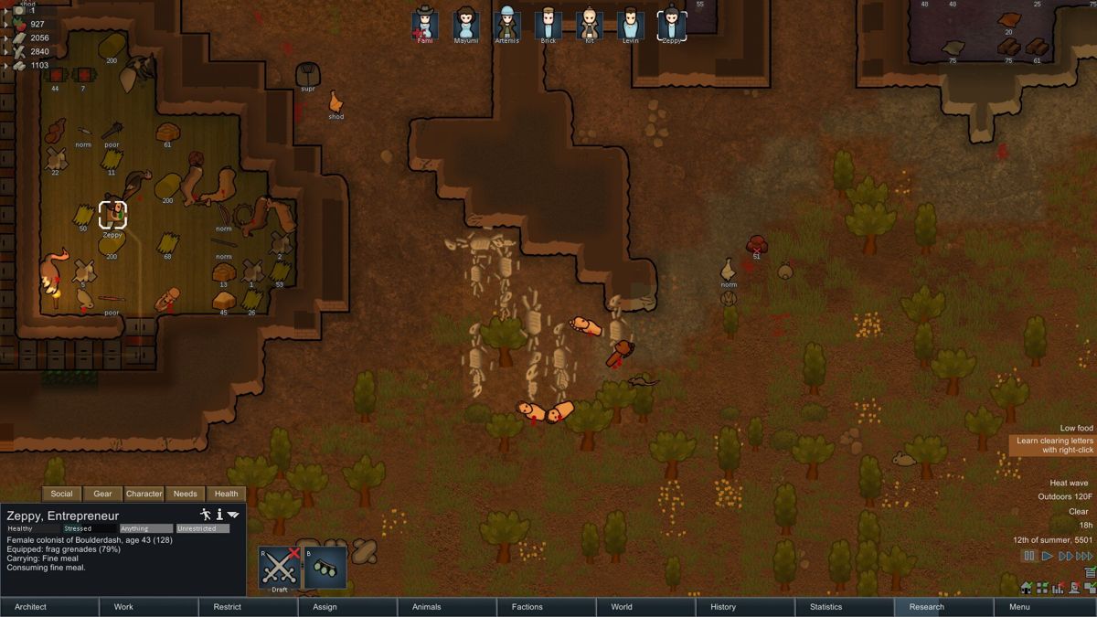 RimWorld (Windows) screenshot: Why waste resources and energy burying your enemies when you can just leave them organized neatly to rot in a field.