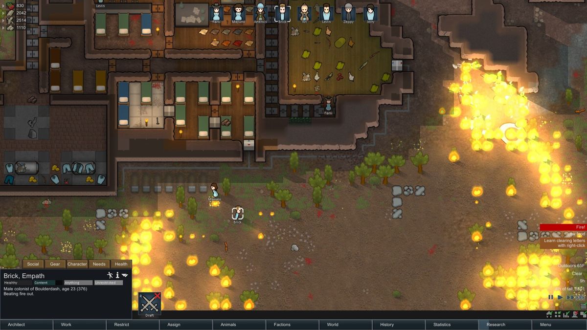 RimWorld (Windows) screenshot: Fires can spready quickly, be hard to extinguish, and be incredibly devastating to your base/community.