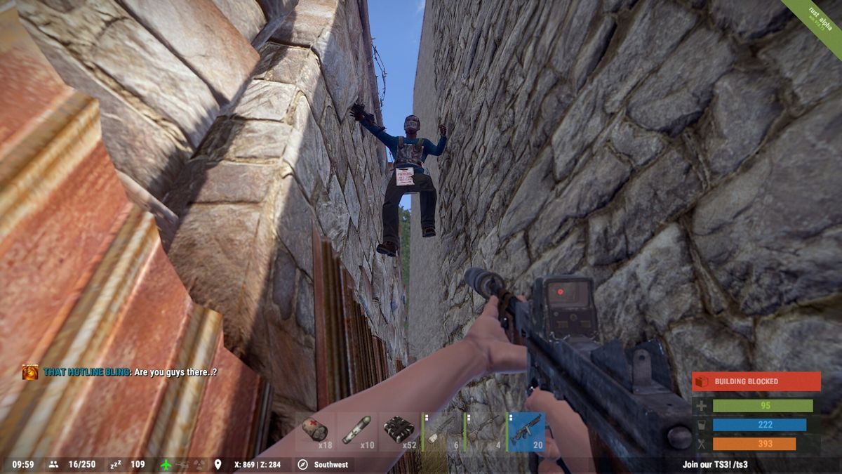 Rust (Windows) screenshot: It's surprisingly easy to get stuck when trying to wiggle your way into a base. Just be ready to blow yourself out... (alpha version win.918.73)
