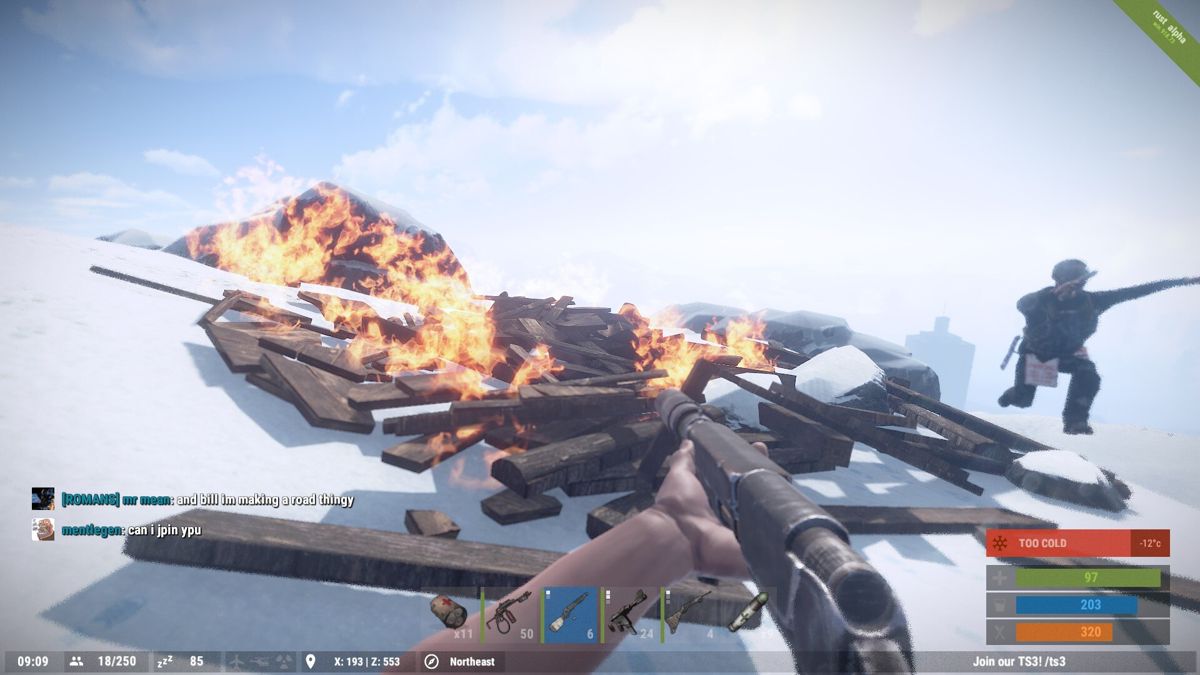 Rust (Windows) screenshot: For simple wooden bases, flamethrowers are the most effective way at reducing them to rubble. (alpha version win.918.73)