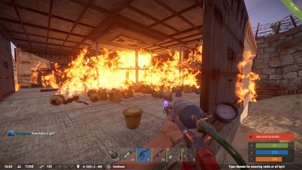 Rust (Windows) screenshot: Flamethrowers are also incredibly effective at griefing base interiors. Especially when you can't carry the loot or don't want it. (alpha version win.918.73)