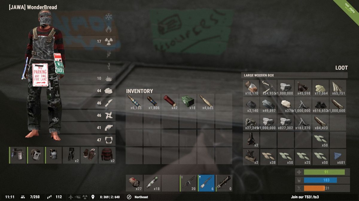 Rust (Windows) screenshot: Inventory/loot view. It may not look like it but this is an incredible amount of resources and specialty ammo. Took weeks of work with a group of ~20 people. All lost in a raid that lasted three hours. (alpha version win.918.73)